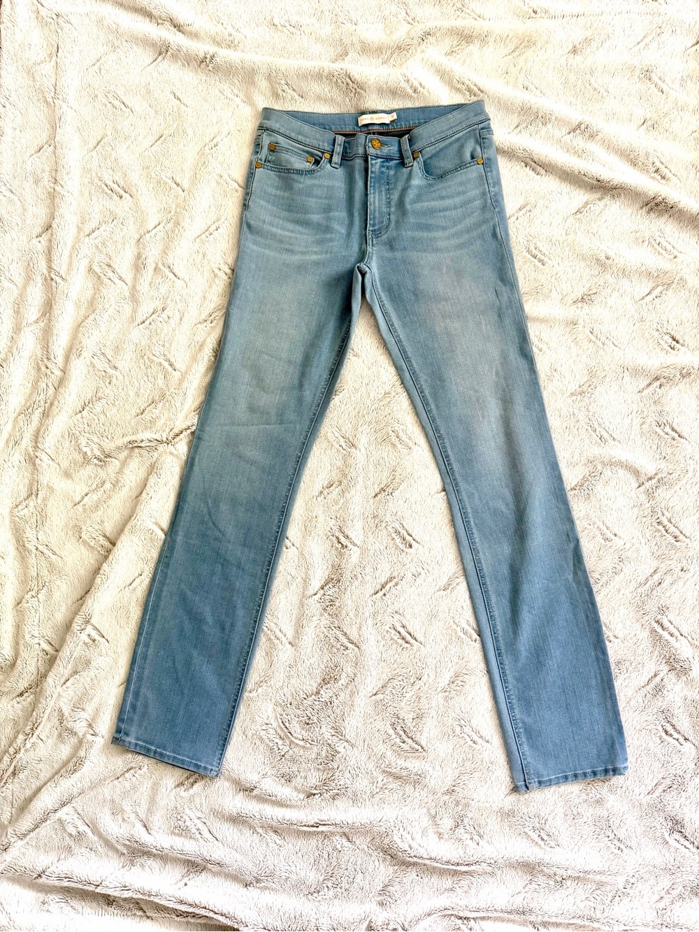 Tory Burch Women's Light Wash Straight Leg Denim Jeans Sz 27 Logo Button